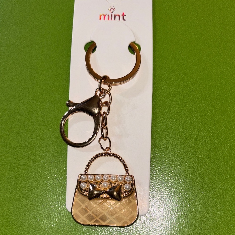 Mint Gold Handbag Keychain/Bag Charm with Pearls